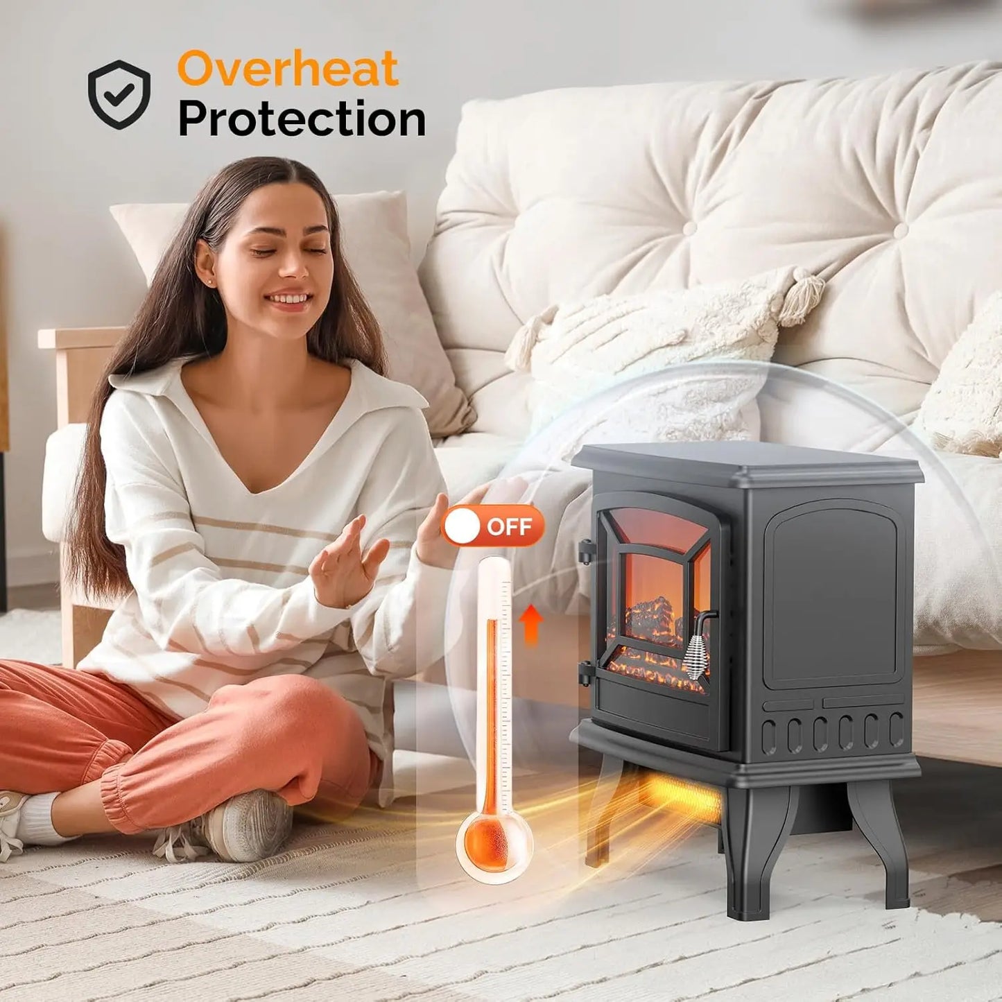 20" H Electric Fireplace Stove Space Heater, 1400W Portable Freestanding with Thermostat, Realistic Flame Logs