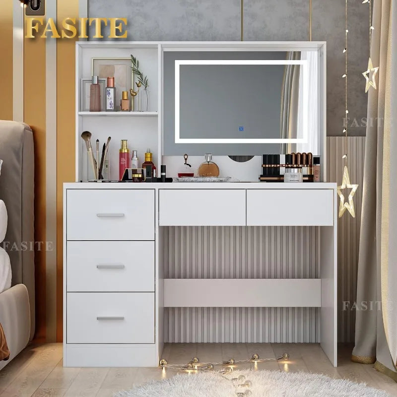 White Makeup Vanity Desk with 15 Light Bulbs & 3 Mirrors, Modern Vanity Table Dressing Table with 9 Drawers