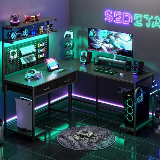 SEDETA L Shaped Gaming Desk with LED Lights, Pegboard and Drawers, Gaming with Hutch, Computer with Monitor Stand,