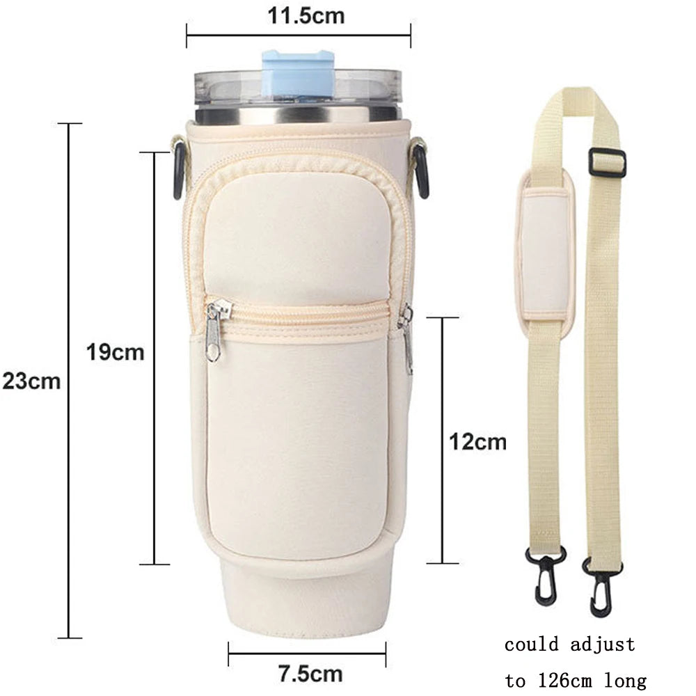 Adjustable Strap Water Bottle Carrier Bag Pouch with Pocket 40oz Tumbler Cup Holder with Zipper Phone Pocket for Stanley Cup