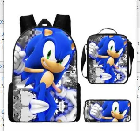 Three-piece School Bag 3D New Sonic Sonic Primary and Secondary School Students Backpack Lunch Bag Pencil Case  Zipper Backpack