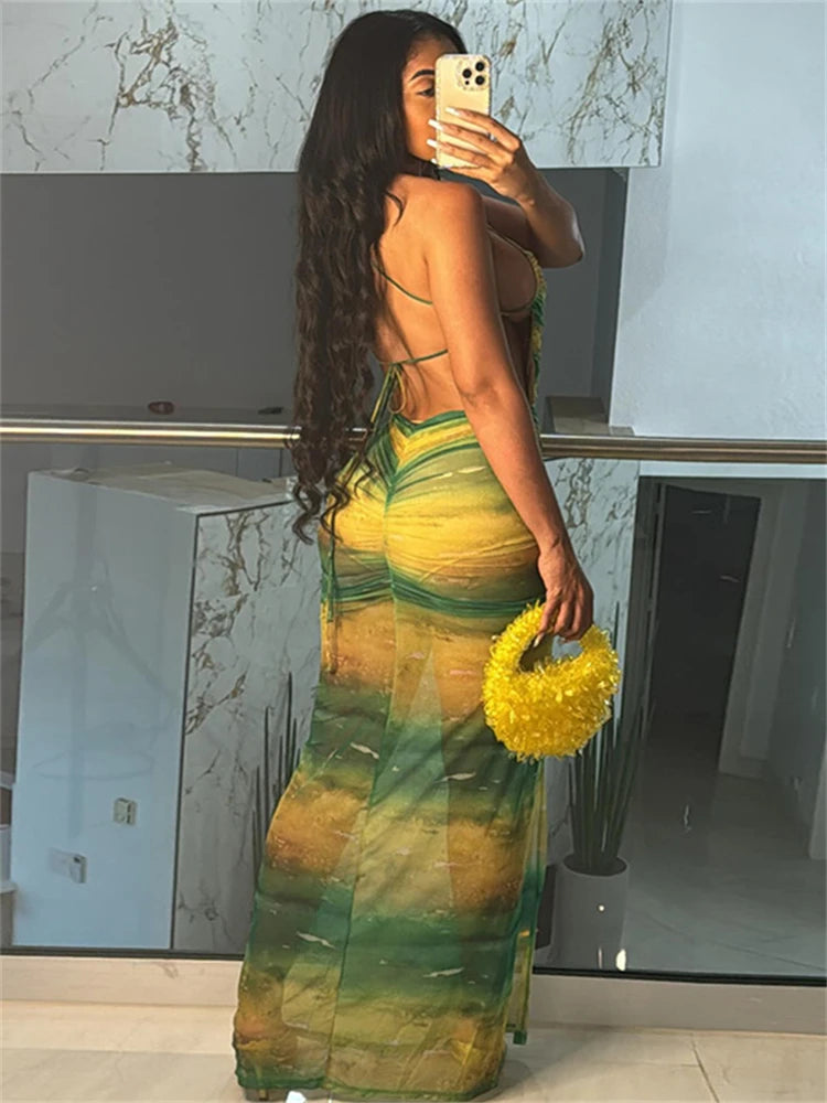 WLWXR Summer Green Gradient Halter Ruched Long Dress Sexy Clubwear For Women 2024 See Through Backless Bandage Split Party Robe