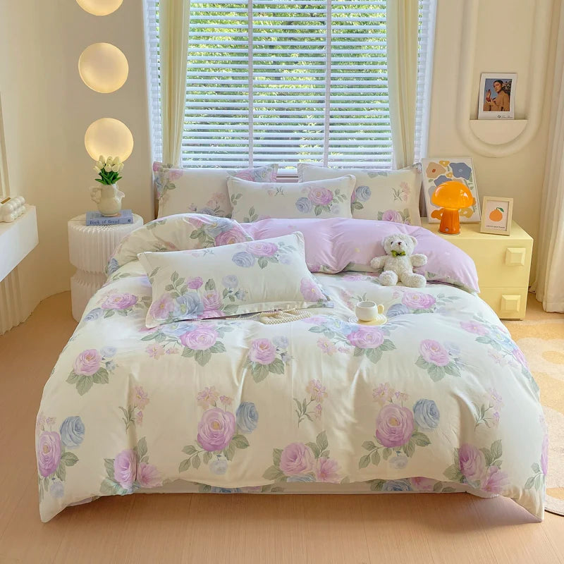 100% Cotton Pink Romantic Rose Duvet Cover Classic Pastoral Flower Theme Girl Woman Children Bedroom Queen Soft Comforter Cover