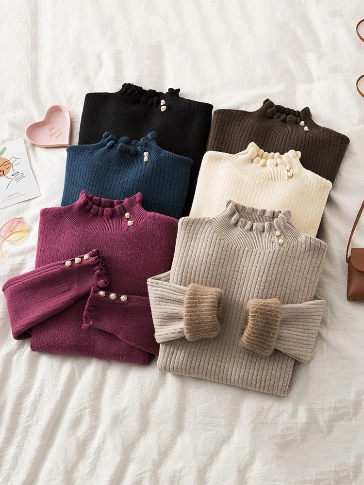 2024 velvet Fashion Women's Turtlenecks Sweaters Striped Long Sleeve Knitted Pullovers Females Jumpers  Thick Sweaters Fall