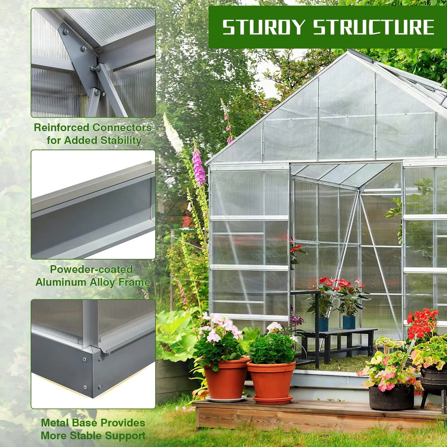 12' x 10' Greenhouse for Outdoor Outside Walk-in Hobby Green House for Plants with Polycarbonate Aluminum Frame Adjustable