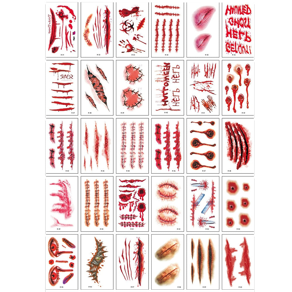 30Pcs/Set Halloween Party Temporary Tattoos Zombie Makeup Scar Wound Blood Bleeding Tattoo Stickers Kids Women Men Cosplay