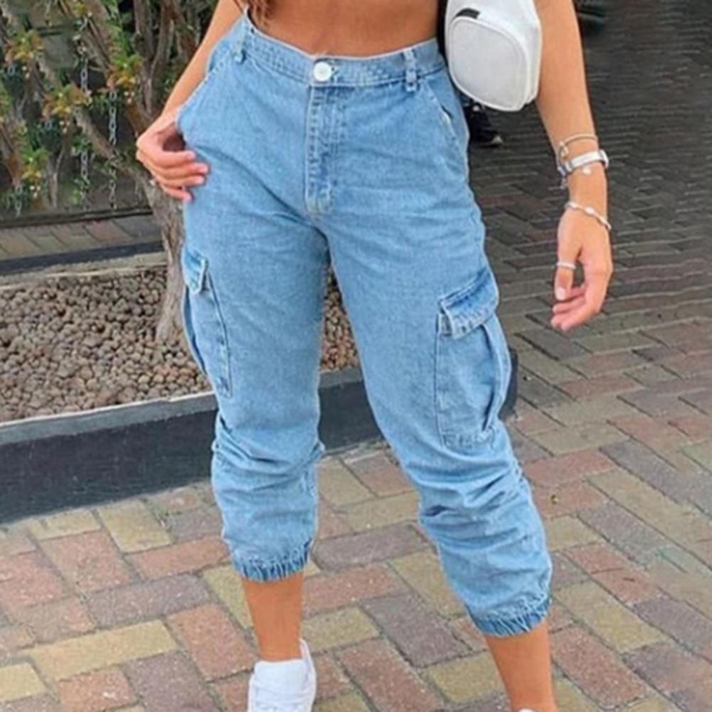 y2k Women Denim Cargo Pants Ninth Jeans Multi Pockets High Waist Ankle-banded Summer Casual Ninth Trousers calça jeans feminina