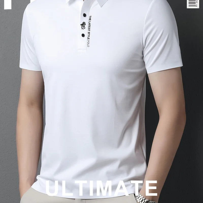 2023 High-End Solid Color High Quality Short Sleeve Polo Shirt Lapel Collar New Men Fashion Casual No Trace Printing