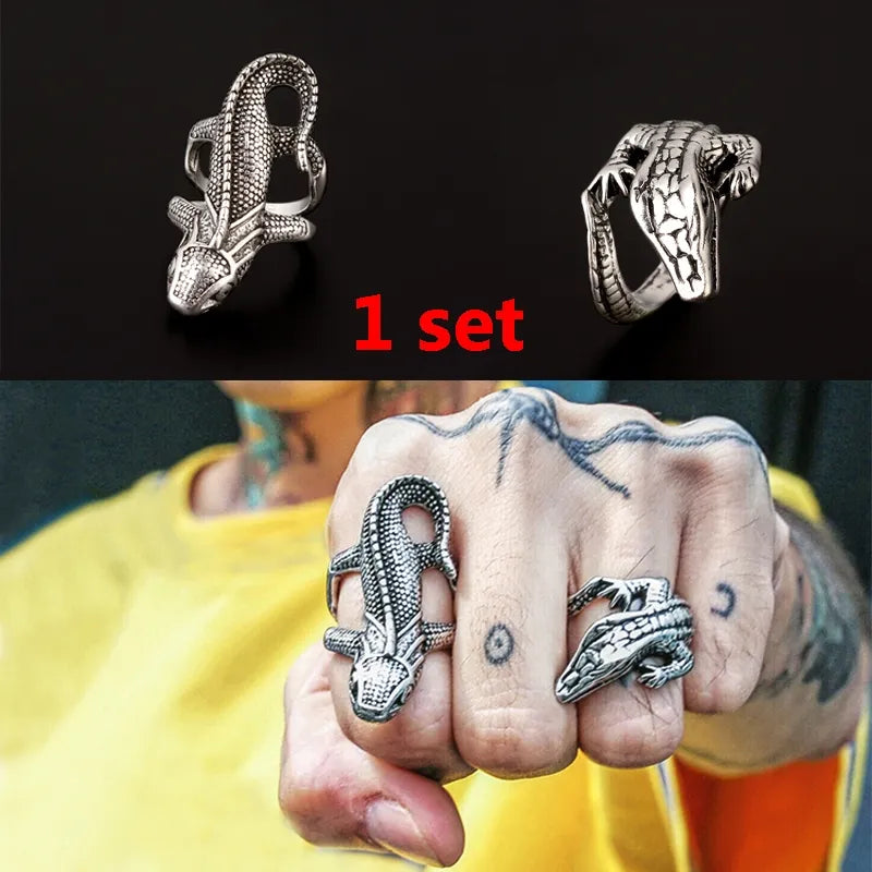 2Pcs/Set Mens Punk Ring Stainless Steel Lizard Crocodile Personality Hip Hop Street Fashion Jewelry Size 8-11