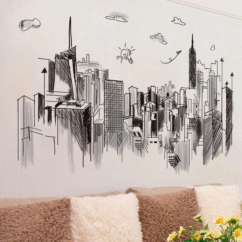 [SHIJUEHEZI] World Map Wall Stickers DIY Buildings Mural Decals for Living Room Office House Decoration Muurstickers Accessories