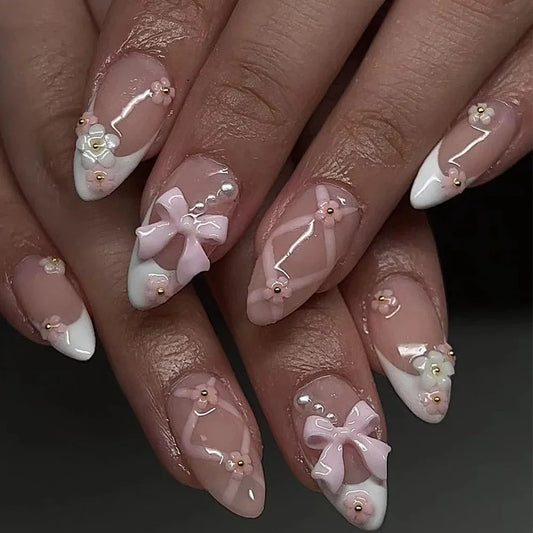 24pcs French False Nails 3D Bow Knot Flowers False Nails Pink Almond Press-on Nail Ballet Style Imitation Pearl Design Nail Art