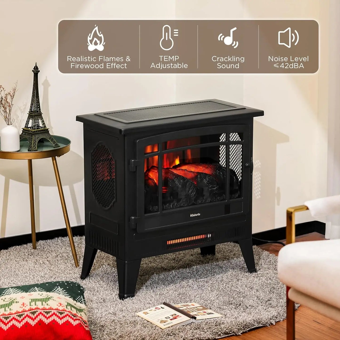 25" WiFi Electric Fireplace Infrared Heater with Crackling Sound Freestanding Fireplace Stove with Adjustable Flame Effects