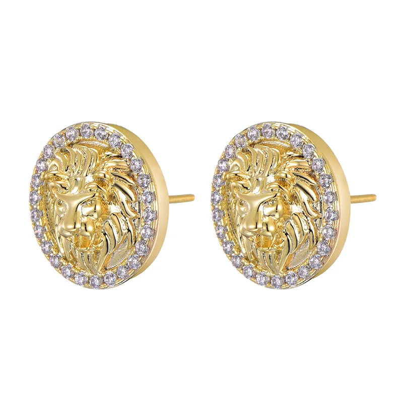 Classics Lion Stud Earrings Gold Color Filled Zircon Rhinestone Earrings for Men Women Hip Hop Jewelry Accessories Gifts