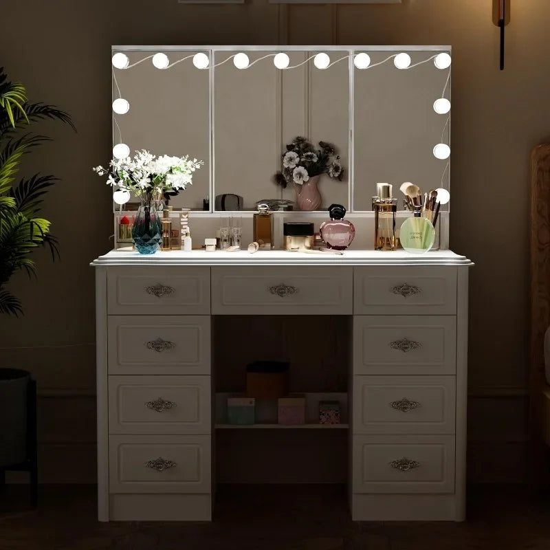 White Makeup Vanity Desk with 15 Light Bulbs & 3 Mirrors, Modern Vanity Table Dressing Table with 9 Drawers