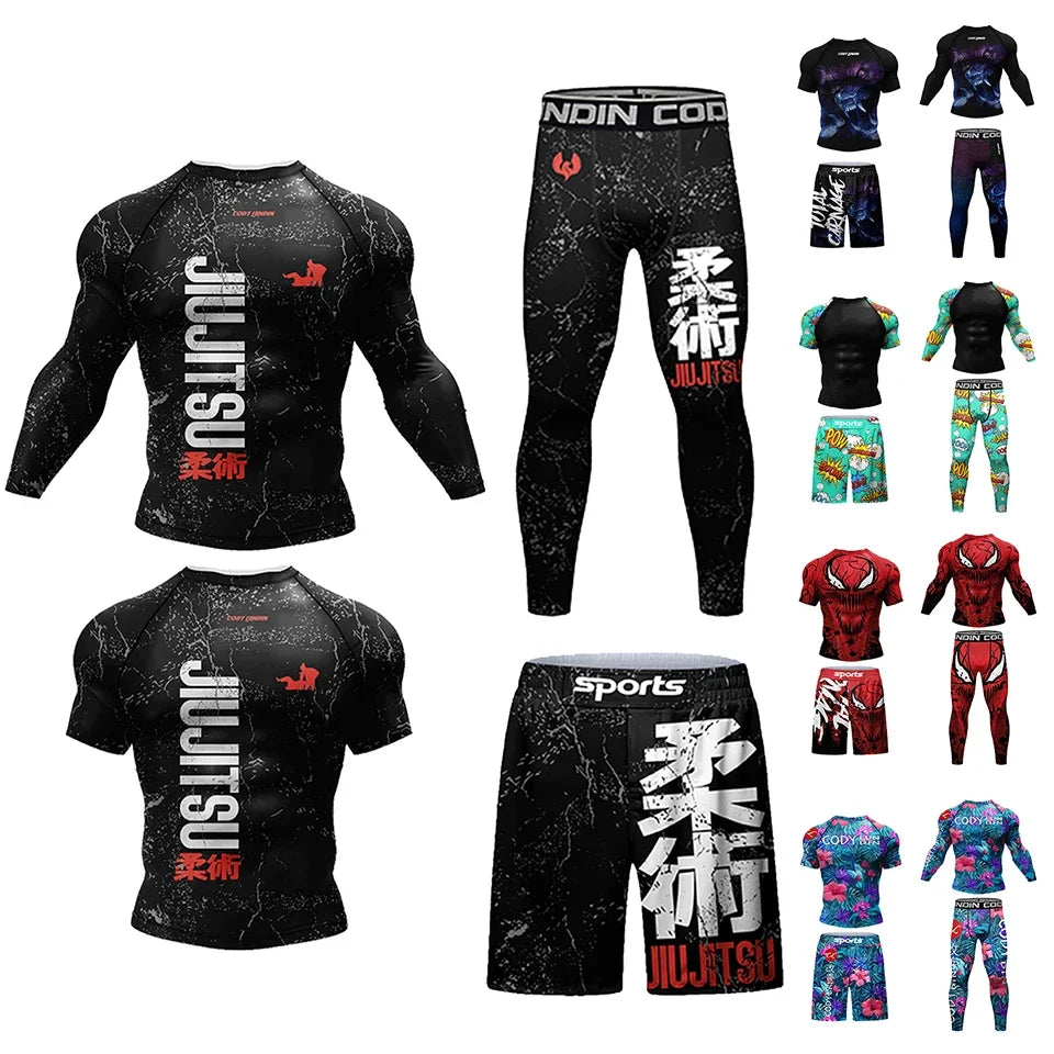 Men's Boxing Set MMA BJJ Jiu Jitsu Rashguard Quick Dry Workout Traning Running Sportswear Sport Fitness Gym Clothing Tracksuit