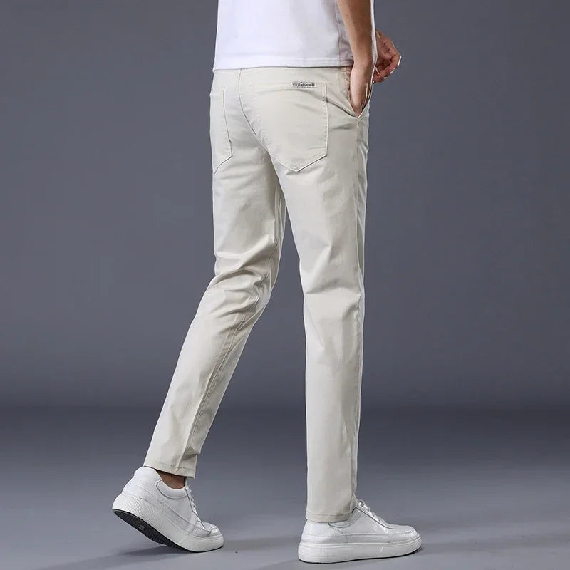 2023 New Summer Casual Pants Men 98%Cotton Solid Color Business Fashion Slim Fit Stretch Gray Thin Trousers Male Brand Clothing