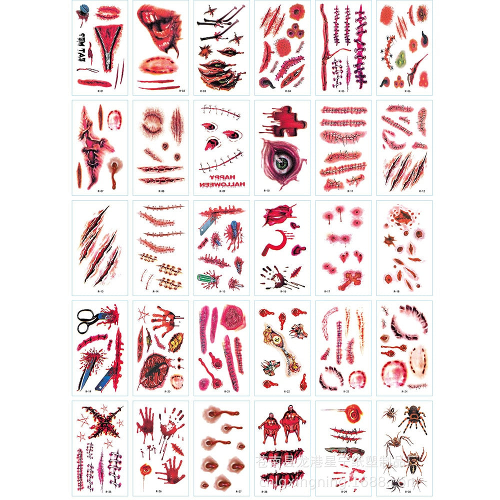 30Pcs/Set Halloween Party Temporary Tattoos Zombie Makeup Scar Wound Blood Bleeding Tattoo Stickers Kids Women Men Cosplay