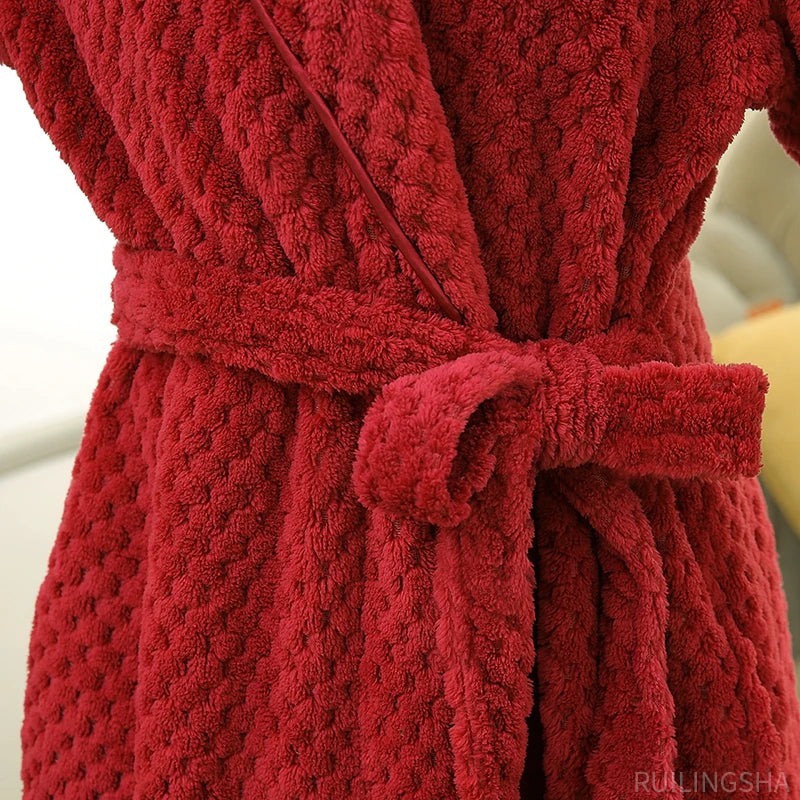 Women Robe Winter Bathrobe Unisex Coral Waffle Long Sleeve Knitted Sleep Dress Men Robes Lovers Fleece Robe Warm Bathrobes