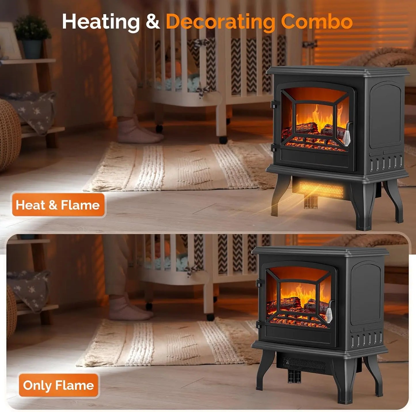 20" H Electric Fireplace Stove Space Heater, 1400W Portable Freestanding with Thermostat, Realistic Flame Logs