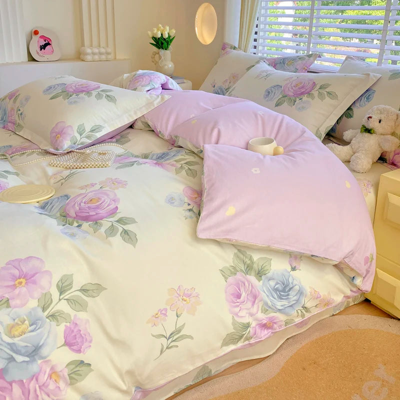 100% Cotton Pink Romantic Rose Duvet Cover Classic Pastoral Flower Theme Girl Woman Children Bedroom Queen Soft Comforter Cover