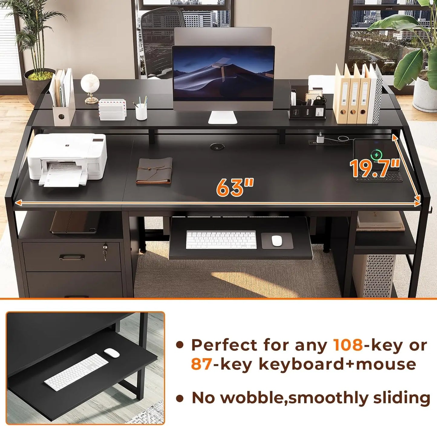 SEDETA 63" Computer Desk, Office Desk with Lockable Drawers for Legal/Letter File, Gaming Desk with LED Lights & Power Outlet,