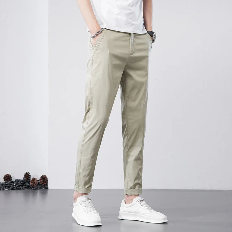 2023 New Summer Khaki Cosy Cotton Casual Pants Men Thin Straight Fit Fashion Brand Clothing Solid Color Appliques Trousers Male