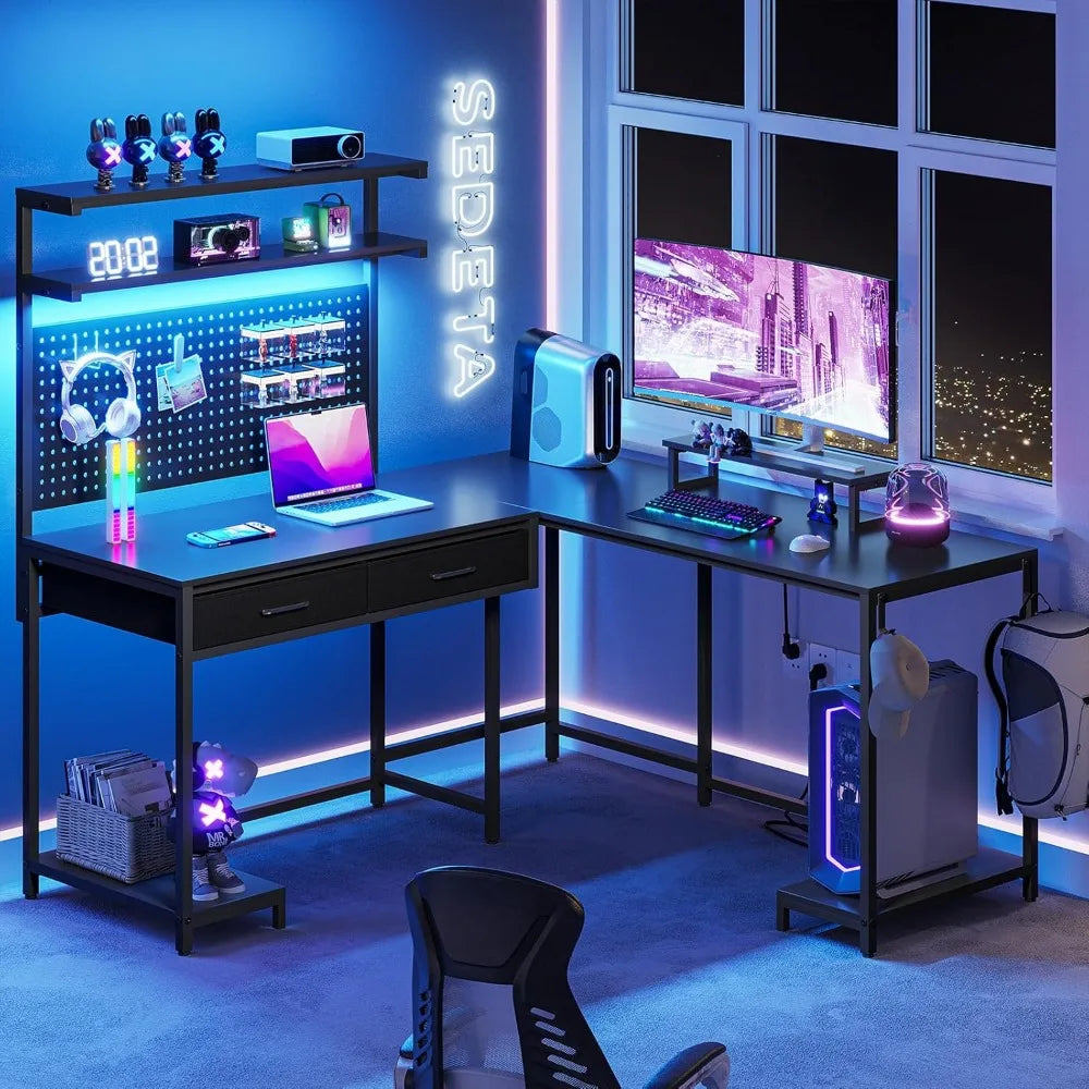 SEDETA L Shaped Gaming Desk with LED Lights, Pegboard and Drawers, Gaming with Hutch, Computer with Monitor Stand,