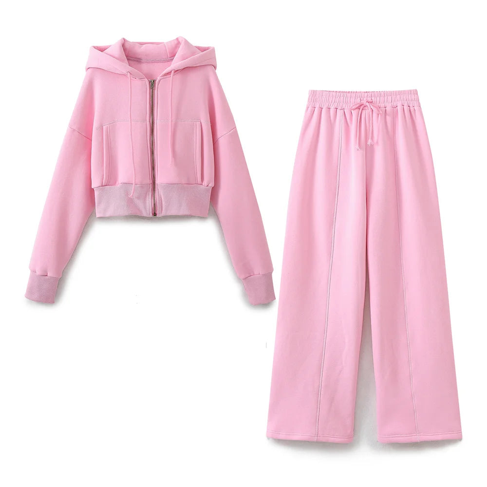 TRAF 2024 Spring Female Casual Hoodies Zipper Coats+Elastic Waist Baggy Pants 2 Pieces Set Elegant Loose Solid Pink Grey Pants