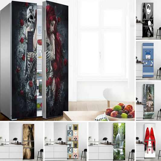 3D PVC Skull Girl Roses Wallpaper For Fridge Self-Adhesive Waterproof Wall Sticker Furniture Decoration Door Poster Decal Home