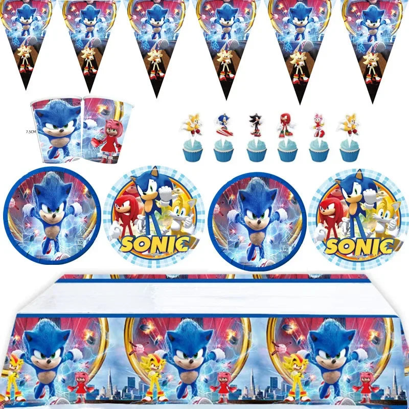 Sonic Boy Birthday Party Tableware Tray Paper Towel Balloon Decoration Supplies Tablecloth Gift Bag Cosplay Balloon Watermelon