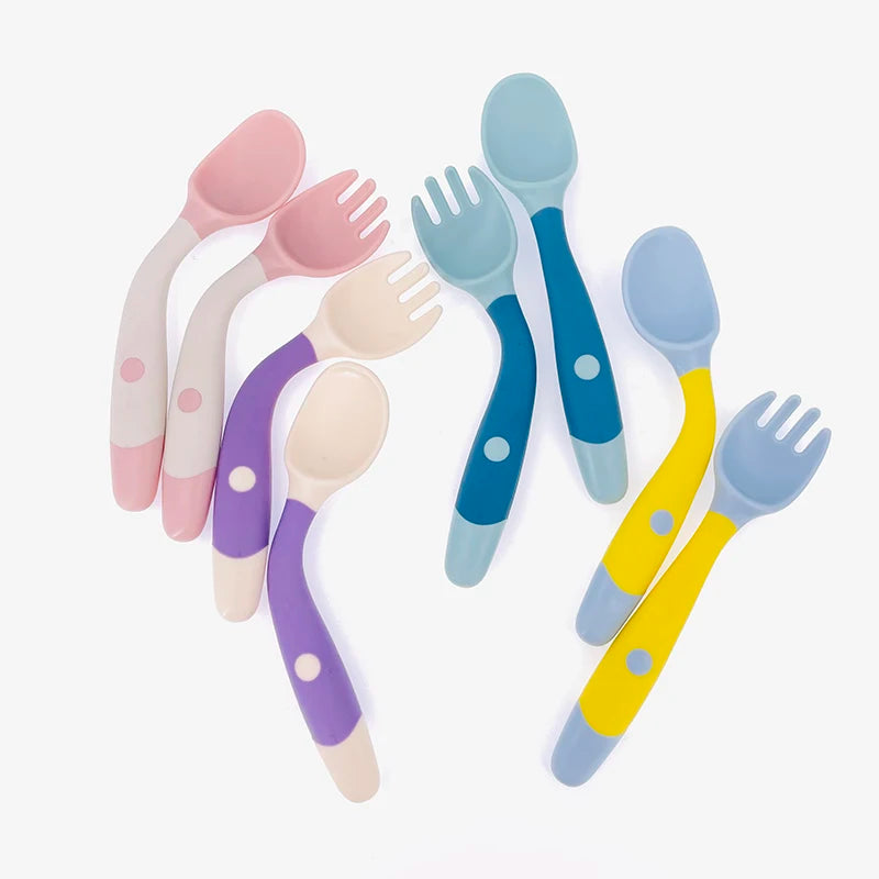 Baby Children Spoon Fork Set Soft Bendable Silicone Scoop Fork Kit Tableware Toddler Training Feeding Cutlery Utensil