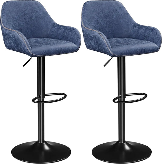 Vintage Bar Stools Set of 2 Modern Pub Kitchen Counter Height Barstools Vintage Swivel Leather Bar Chair, Blue(2pcs Package 1)