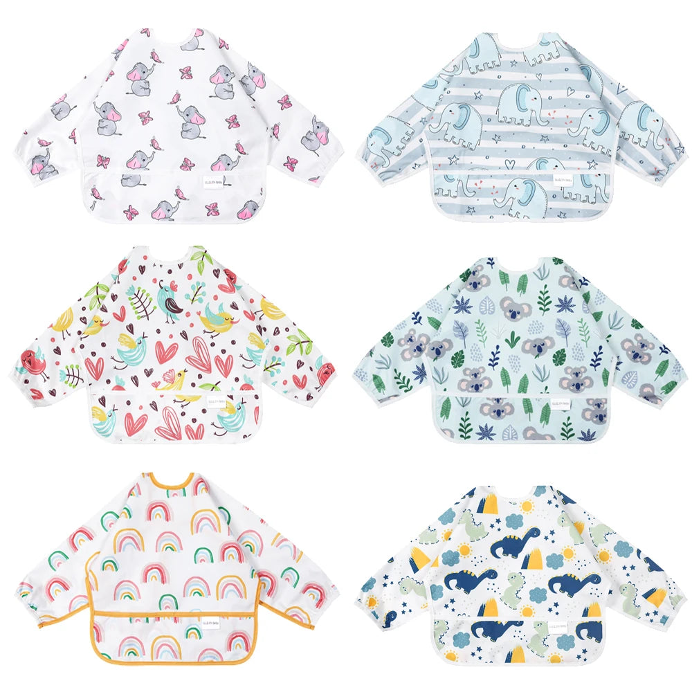 Baby Bibs Waterproof Long Sleeve Saliva Towel Infant Feeding Bib with Pocket Cute Cartoon Apron Kid Burp Cloth Unisex Baby Stuff