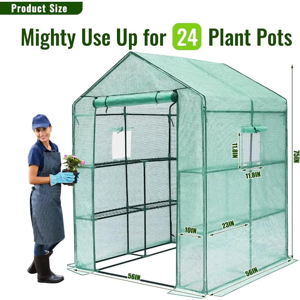 Greenhouse, 56 x 56 x 75'' Greenhouses for Outdoors, Durable Green House Kit with Window, Thicken PE Cover, 3 Tiers 8 Shelves