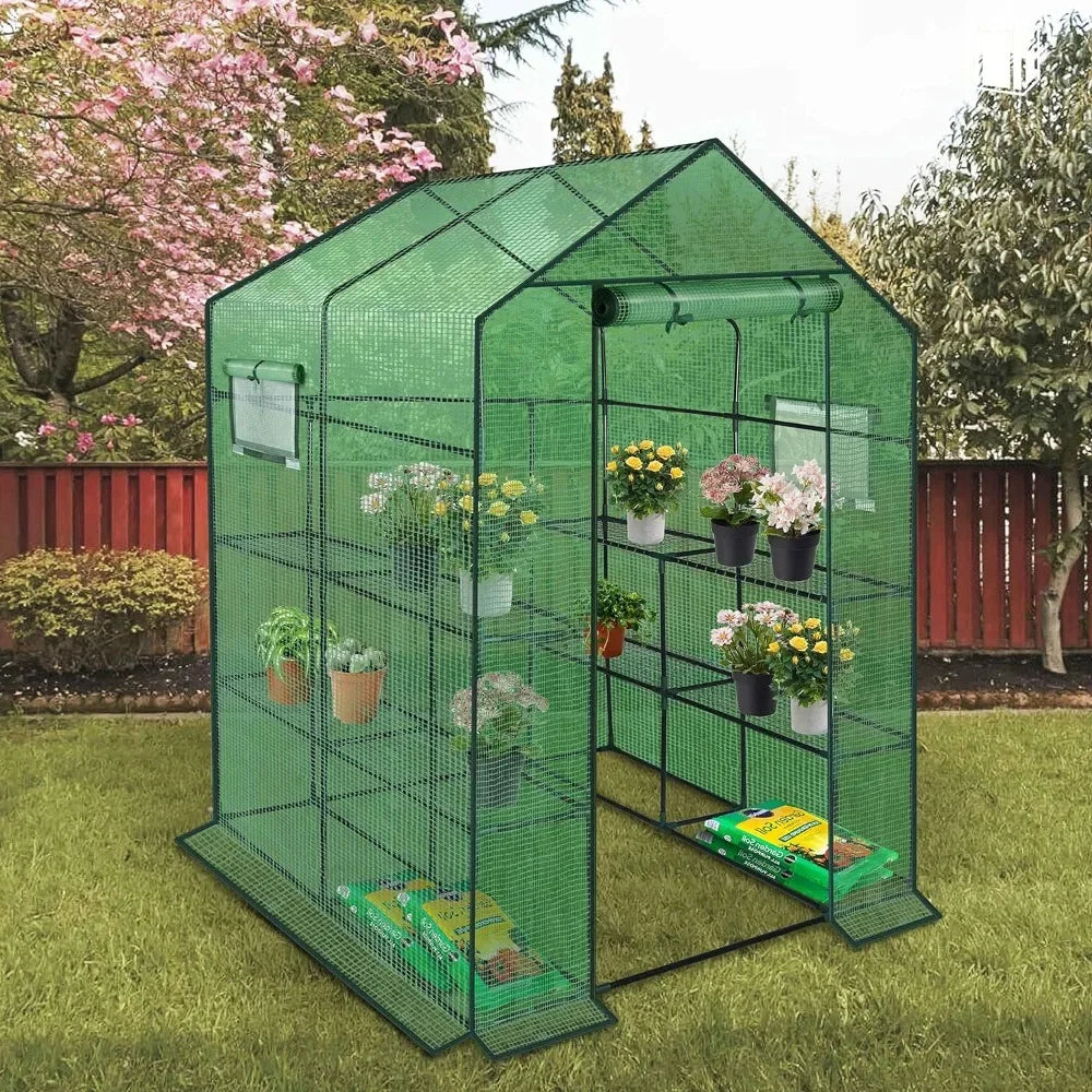 Polyethylene Reinforced Walk-in Greenhouse with Window,Plant Gardening Green House 2 Tiers and 8 Shelves,L56.5 x W56.5 x H76.5