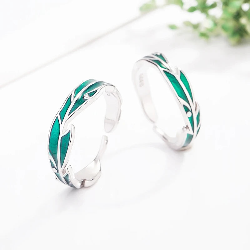 Sole Memory Rainforest Plantain Leaves Green Cool Sweet Romantic Silver Color Female Resizable Opening Rings SRI414