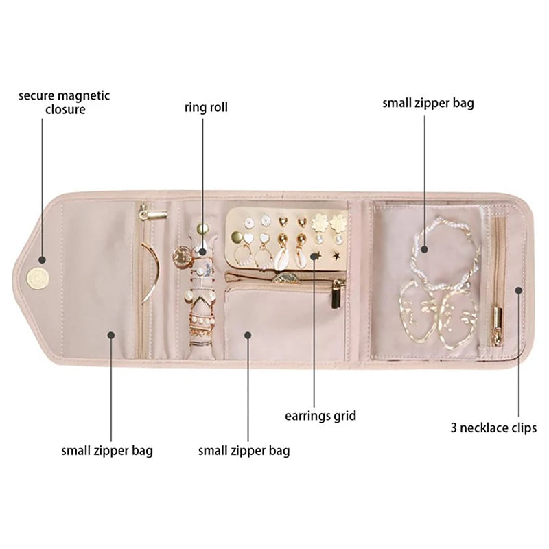 Roll Foldable Jewelry Case Travel Jewelry Organizer Portable For Journey Earrings Rings Diamond Necklaces Brooches Storage Bag