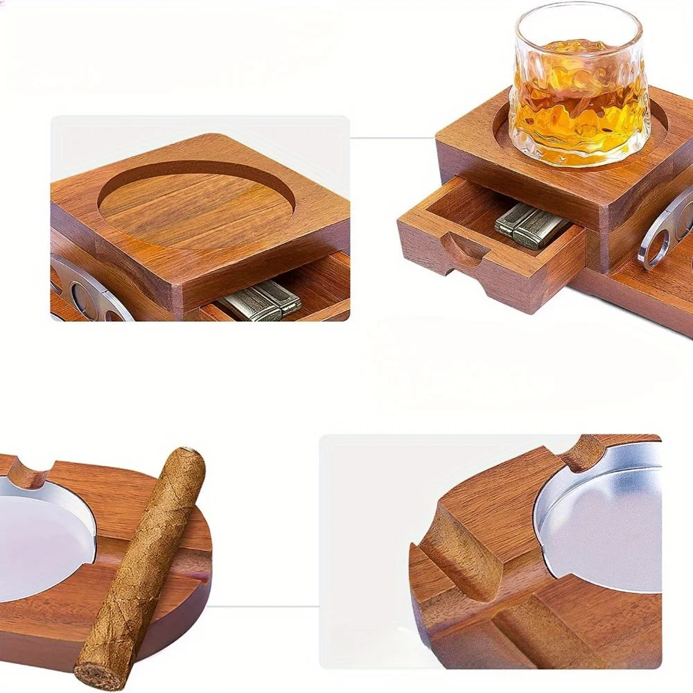 1pc Ashtray Coaster Tray Wooden Ash Tray Include Drawer and Cigar Slot Home Office Outdoor Great Cigar Accessories for Men Women