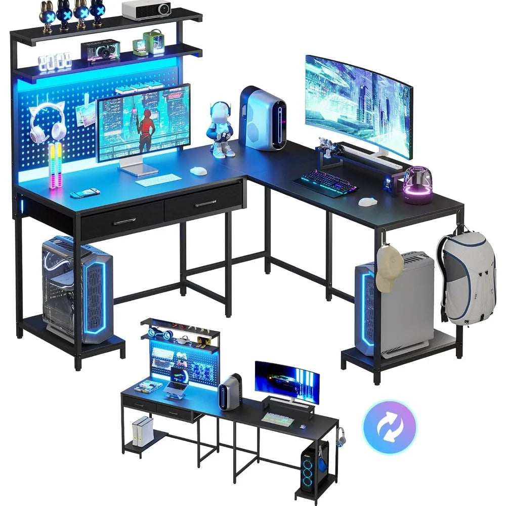 SEDETA L Shaped Gaming Desk with LED Lights, Pegboard and Drawers, Gaming with Hutch, Computer with Monitor Stand,