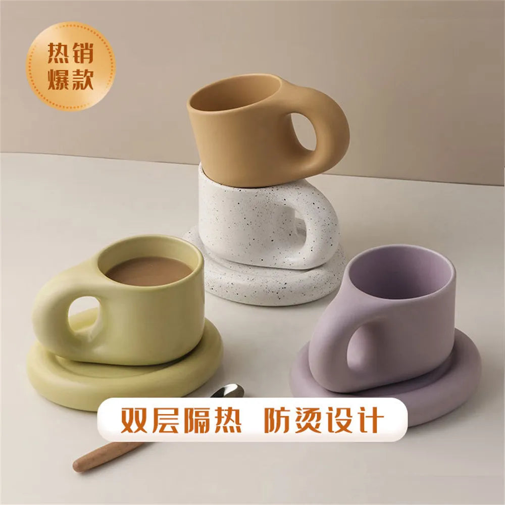 300ml Creative Birthday Gift Mugs Lovely Handmade Fat Handle Ceramic Mug Coffee Cup Set Drinking Home Office Milk Tea Oat Cups