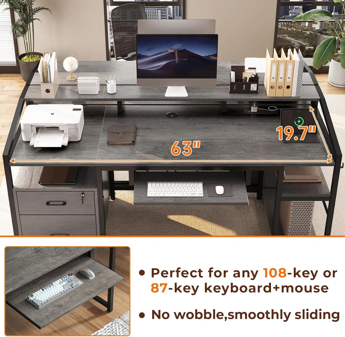 SEDETA 63" Computer Desk, Office Desk with Lockable Drawers for Legal/Letter File, Gaming Desk with LED Lights & Power Outlet,