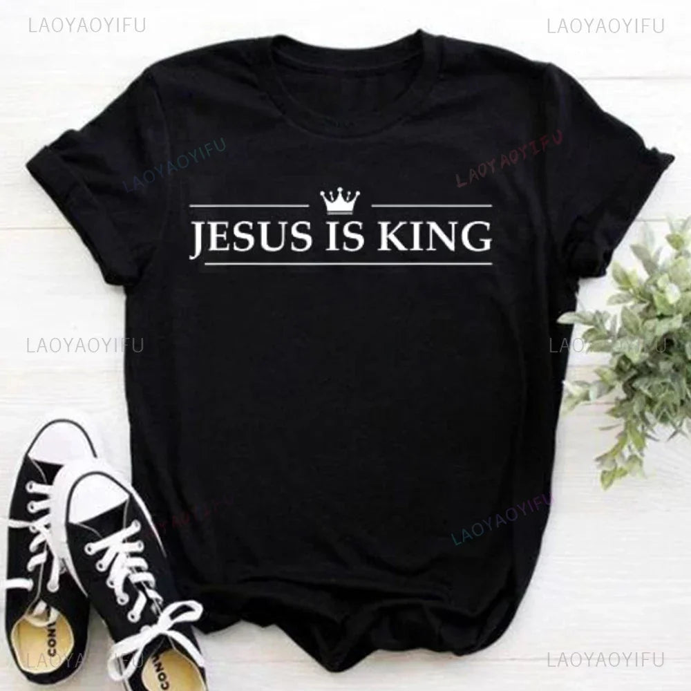 2024 Jesus Is King Letter Print Women Tee Christian Faith Hope Love Harajuku T Shirts Religion O-neck Casual Tops Streetwears