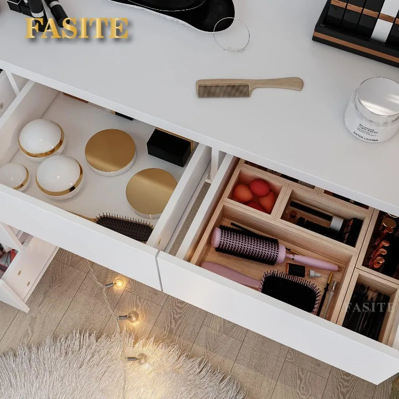 White Makeup Vanity Desk with 15 Light Bulbs & 3 Mirrors, Modern Vanity Table Dressing Table with 9 Drawers