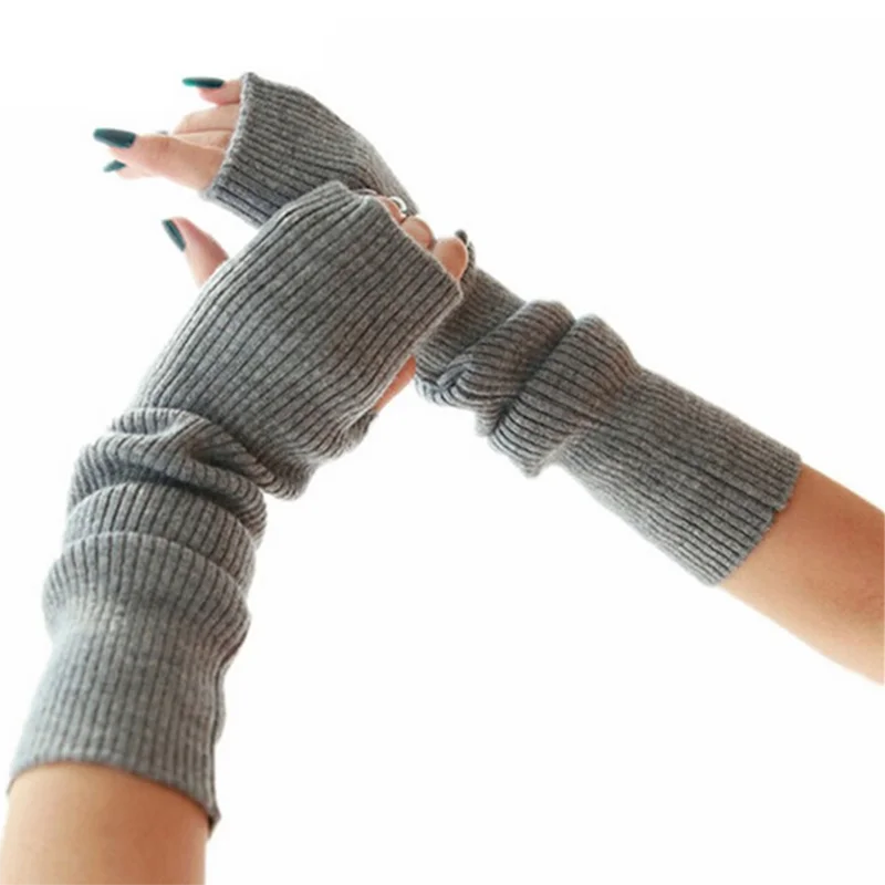 Sparsil Mittens Women Winter Cashmere Blend Knitted Fingerless Punk Long Gloves y2k Gothic Wool Glove Arm Warmer Without Fingers