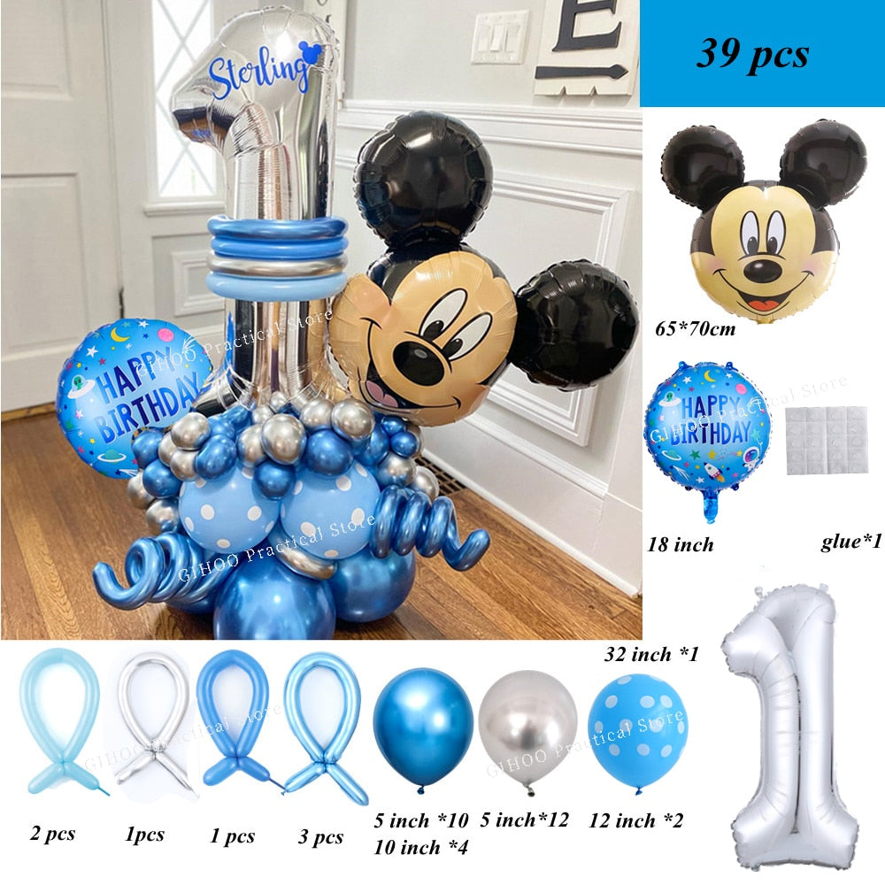 39Pcs Disney Mickey Mouse Head Aluminum Film Balloons Set 32 Inch Silver Number Balloons Birthday Party Baby Shower Decorations