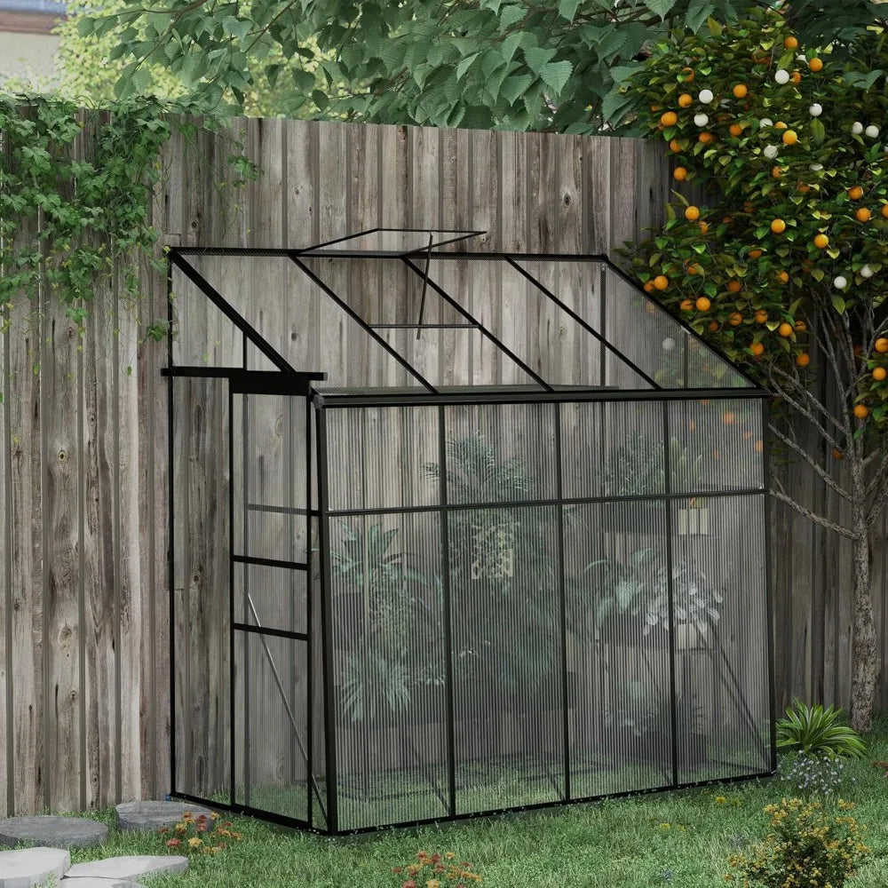 8' x 4' Lean-to Polycarbonate Greenhouse, Walk-in Hobby Green House with Sliding Door, 5-Level Roof Vent