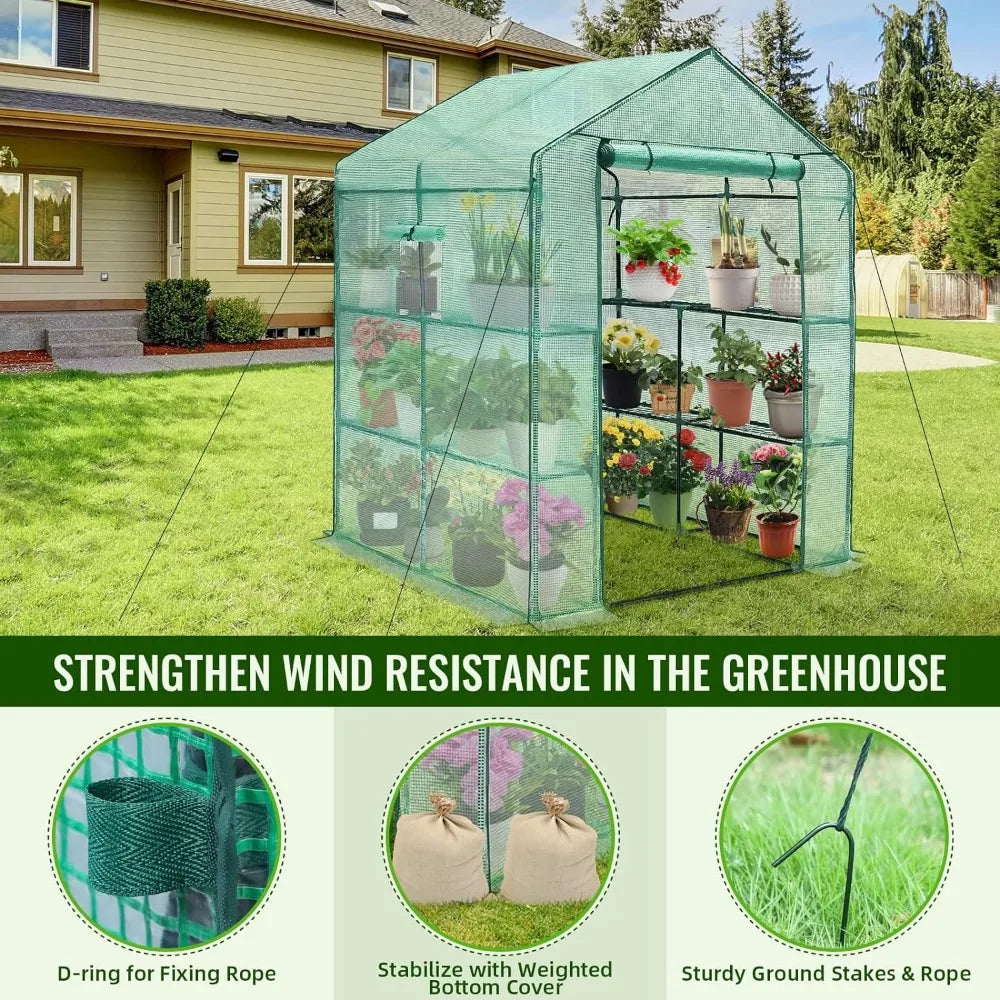 Greenhouse, 56 x 56 x 75'' Greenhouses for Outdoors, Durable Green House Kit with Window, Thicken PE Cover, 3 Tiers 8 Shelves