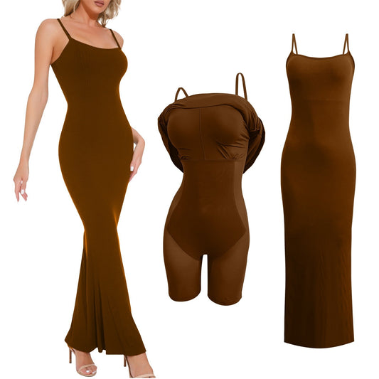 Body Shaper Dress Bodycon Maxi Mini Built In Shapewear Bra 2 In 1 Women Lounge Spaghetti Strap Backless Long Dresses Club Party