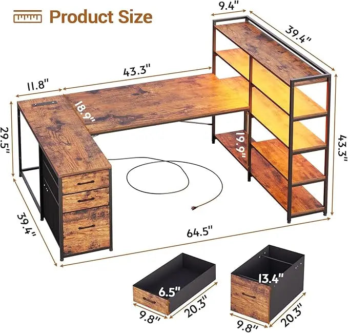 Shaped Desk with Storage Shelves 64.5" Reversible U Shaped Office Desk with 3 Fabric Drawers Gaming Desk