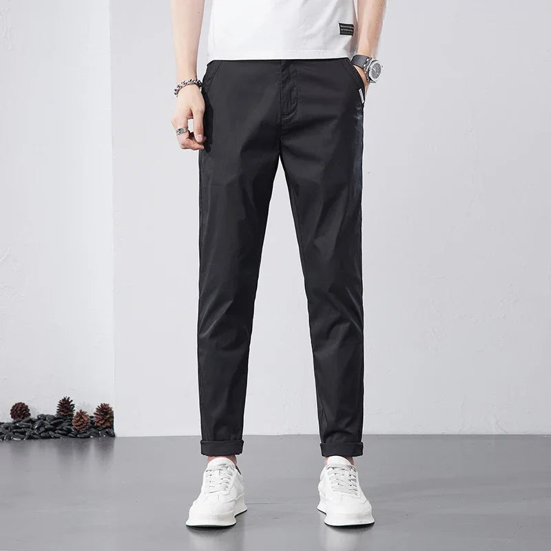 2023 New Summer Khaki Cosy Cotton Casual Pants Men Thin Straight Fit Fashion Brand Clothing Solid Color Appliques Trousers Male